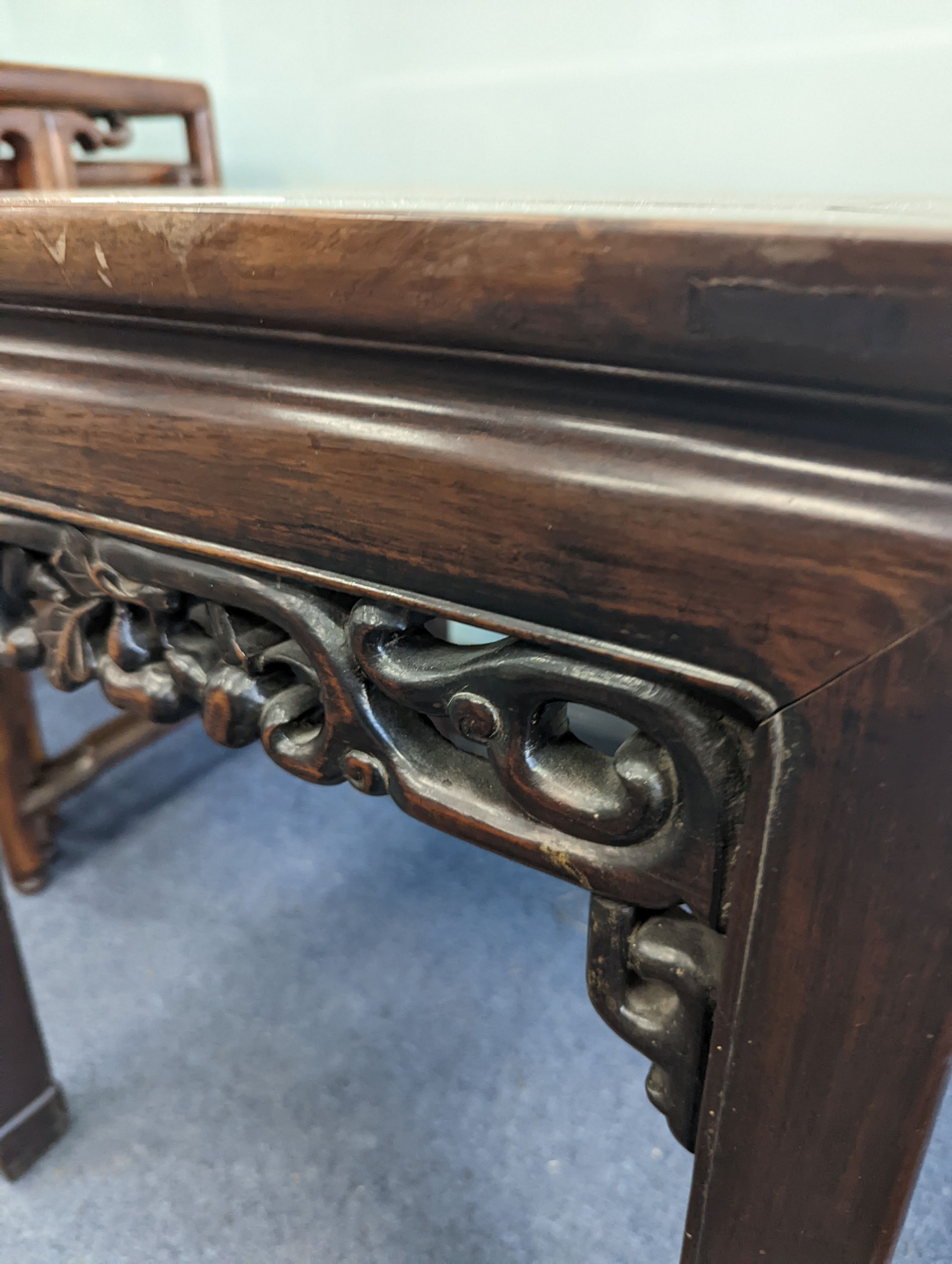 A pair of Chinese hardwood square top tables, 48cm, height 51cm